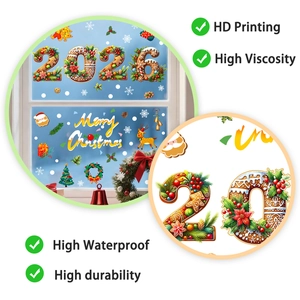 Detail of Christmas window stickers with 2026 Merry Christmas text and festive motifs