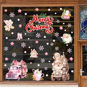 Stickers de Fenêtre de Noël Roses Père Noël Camion Rose Bonhomme de Pain d'Épices Autocollants en Verre PVC Statique Décoration