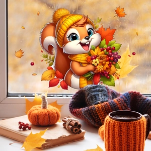 Cute squirrel window sticker with autumn leaves and warm seasonal home decor accents