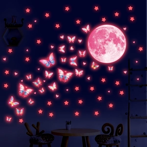 Luminous wall stickers with pink moon, stars, and butterflies for kids bedroom decor