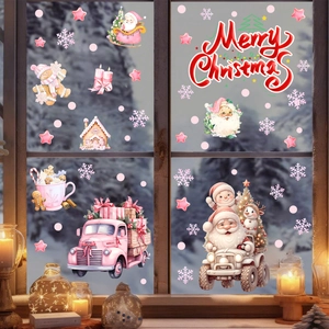 Stickers de fenêtre Noël 3D roses avec père Noël en camion et motifs de pain d'épice