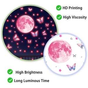 Glow in the dark pink moon and star wall stickers showing day and night effect in two views