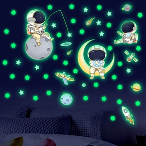 Glow in the dark astronaut and stars wall stickers for kids bedroom space decor