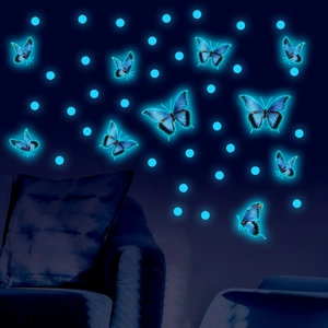 Luminous blue butterfly and dot wall stickers set for glowing bedroom wall decoration