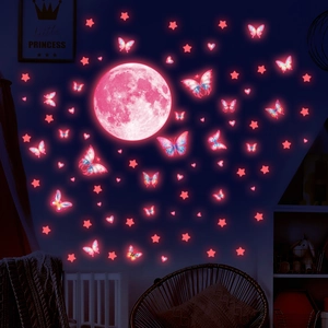 Luminous wall stickers set with realistic pink moon, stars and colorful butterflies