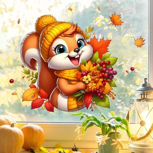 Close-up of cute cartoon squirrel window sticker with autumn leaves and knit hat decor