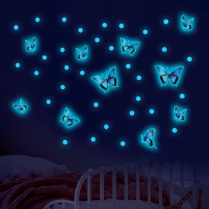Glow-in-the-dark blue butterfly and dot wall stickers set for children bedroom decor