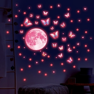 Glow in the dark pink moon and butterfly wall stickers for kids bedroom ceiling decoration