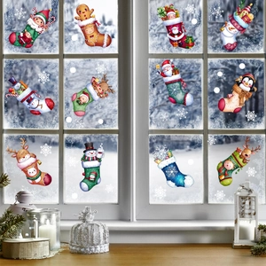 Christmas window decals set featuring 12 cute Santa and snowman socks stickers