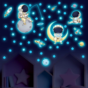 Luminous glow in the dark astronaut and stars wall stickers for kids nursery room