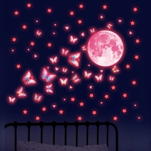 Pink glowing moon and butterfly wall stickers set with stars and hearts for bedroom