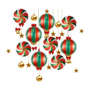 Weihnachtsballons Deko mit rot-grünen Wirbeln und goldenen Sternen für festliche Feierlichkeiten