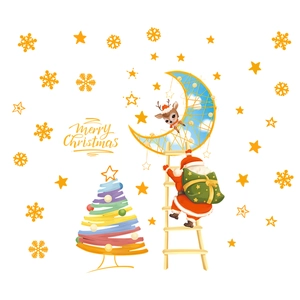 Luminous Christmas wall stickers with Santa, reindeer on moon and colorful tree decals