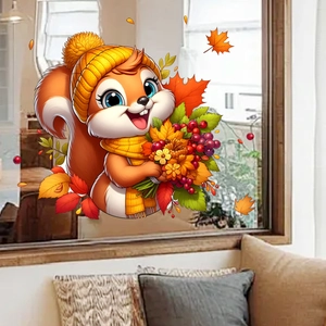 Detail of a 3D cartoon squirrel window sticker with autumn leaves and harvest flowers