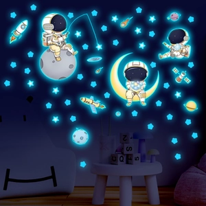 Luminous glow-in-the-dark astronaut wall stickers showing planets and stars in a child room