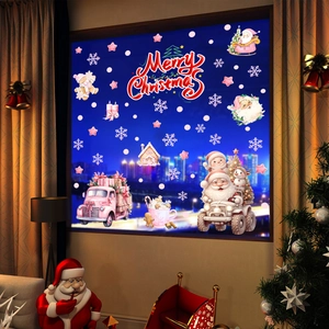 Autocollants 3D Père Noël rose pour porte vitrée avec texte Joyeux Noël pour fenêtres