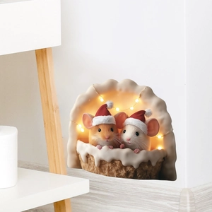3D Christmas wall sticker featuring cute mice in a cozy burrow with holiday lights
