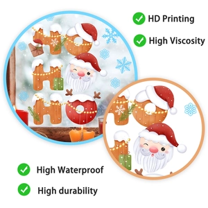 Detail of Christmas window stickers with HO HO HO Santa Claus and snowflake decorations