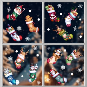 Detail view of festive Christmas stocking window stickers with Santa and reindeer on glass