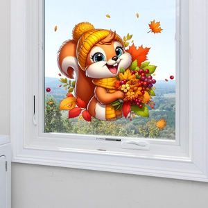 Close-up of cute squirrel window sticker with autumn maple leaves for festive home decor