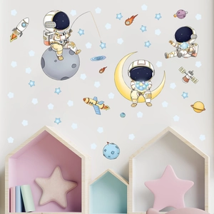 Luminous astronaut wall stickers showing space scene with planets and stars decoration
