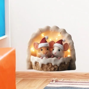 Close-up of Christmas mouse wall sticker with warm LED lights and snow effect base