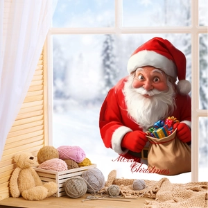 Merry Christmas window sticker with Santa Claus carrying gift bag for home decoration