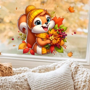 Detail of cute squirrel window sticker with autumn leaves on glass for fall decor