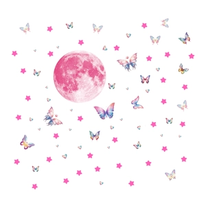 Luminous pink moon and watercolor butterflies wall decals set for kids bedroom decor
