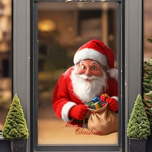 Christmas Santa Claus gift bag window sticker with Merry Christmas text for home decoration