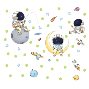Luminous space astronaut wall stickers with moon and stars for kids bedroom decor