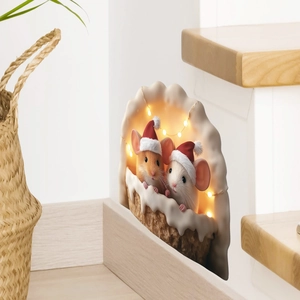 3D Christmas wall sticker showing cute mice in a cozy burrow with holiday lights