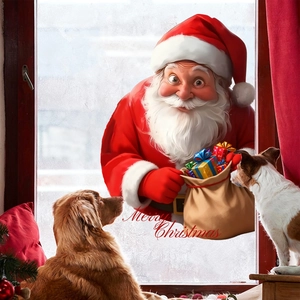 Detail of Christmas window stickers with Santa Claus and festive Merry Christmas text