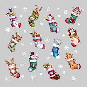 Christmas window stickers featuring 12 festive stockings with Santa, snowman and reindeer
