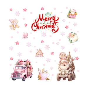 Autocollants de Noël 3D Père Noël et camion rose pour décoration de vitrine de fête