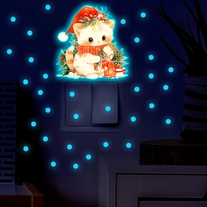 Luminous wall sticker showing a cat in a Christmas hat with glowing dots for switch decor