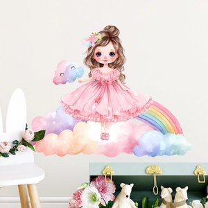 Cartoon girl on rainbow cloud wall decal for kids nursery and bedroom decor