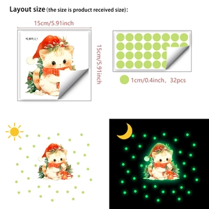 Detailed view of glowing cartoon cat and round dot wall stickers with size dimensions