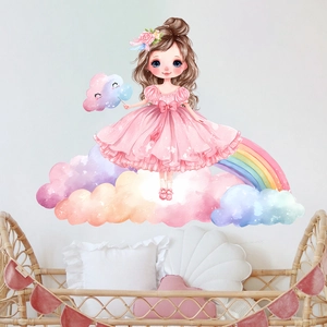 Watercolor little girl with rainbow and cartoon clouds wall decal for kids nursery room