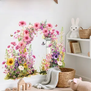 Detailed wall sticker featuring floral arch and butterflies in a cozy living room scene