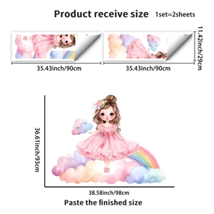 Cartoon girl on rainbow wall decal set with macaron clouds for nursery room decor