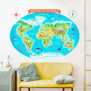 Cartoon Animals World Map Wall Stickers Waterproof PVC Educational Geography Decal For Kids Room Bedroom Living Room Decor