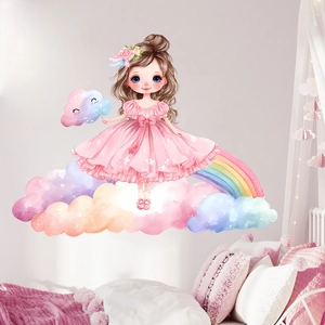 Cartoon Girl Rainbow Clouds Wall Stickers Waterproof PVC Self Adhesive Wallpaper For Kids Girls Room Nursery Decor Sticker