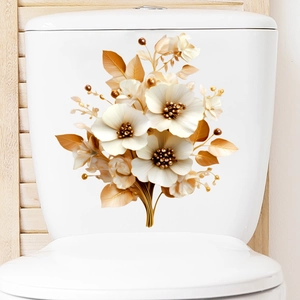3D Effect Creative Flower Toilet Sticker Waterproof Self-Adhesive Champagne Gold Leaf PVC Bathroom Decor Wall Decal For Toilet Lid