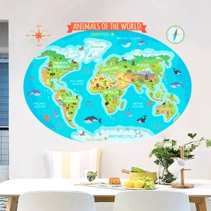 Animals of the World map wall decal for kids room with colorful cartoon animal illustrations