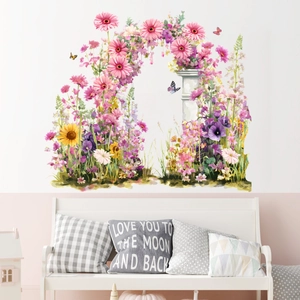 Watercolor floral arch wall sticker with butterflies and stone pillars for room decor