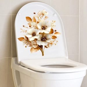 Self-adhesive 3D floral toilet lid decal with elegant white petals and gold leaves