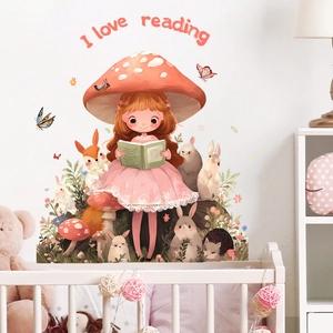 Detail of cartoon girl and forest animals wall sticker with I love reading text