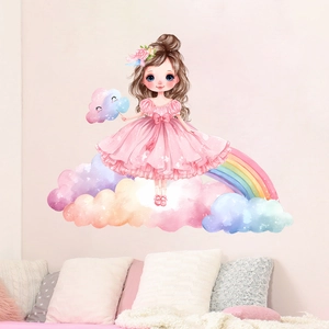 Detail of cartoon girl on rainbow with pink tutu wall sticker for kids bedroom