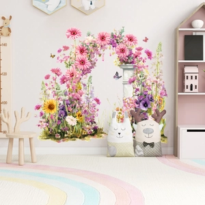 Floral arch wall sticker with pink daisies and butterflies for living room home decor